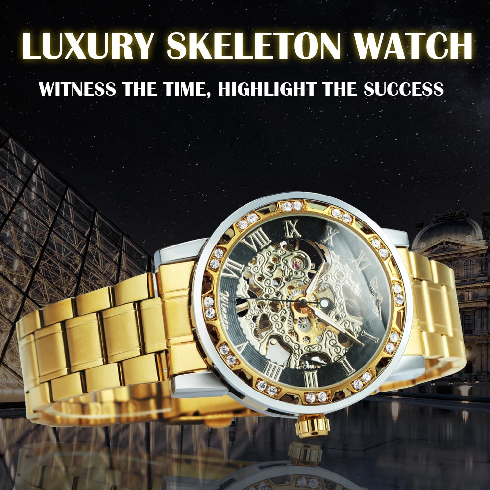 WINNER Transparent Skeleton Watch for Men Fashion Diamond Top Brand Luxury