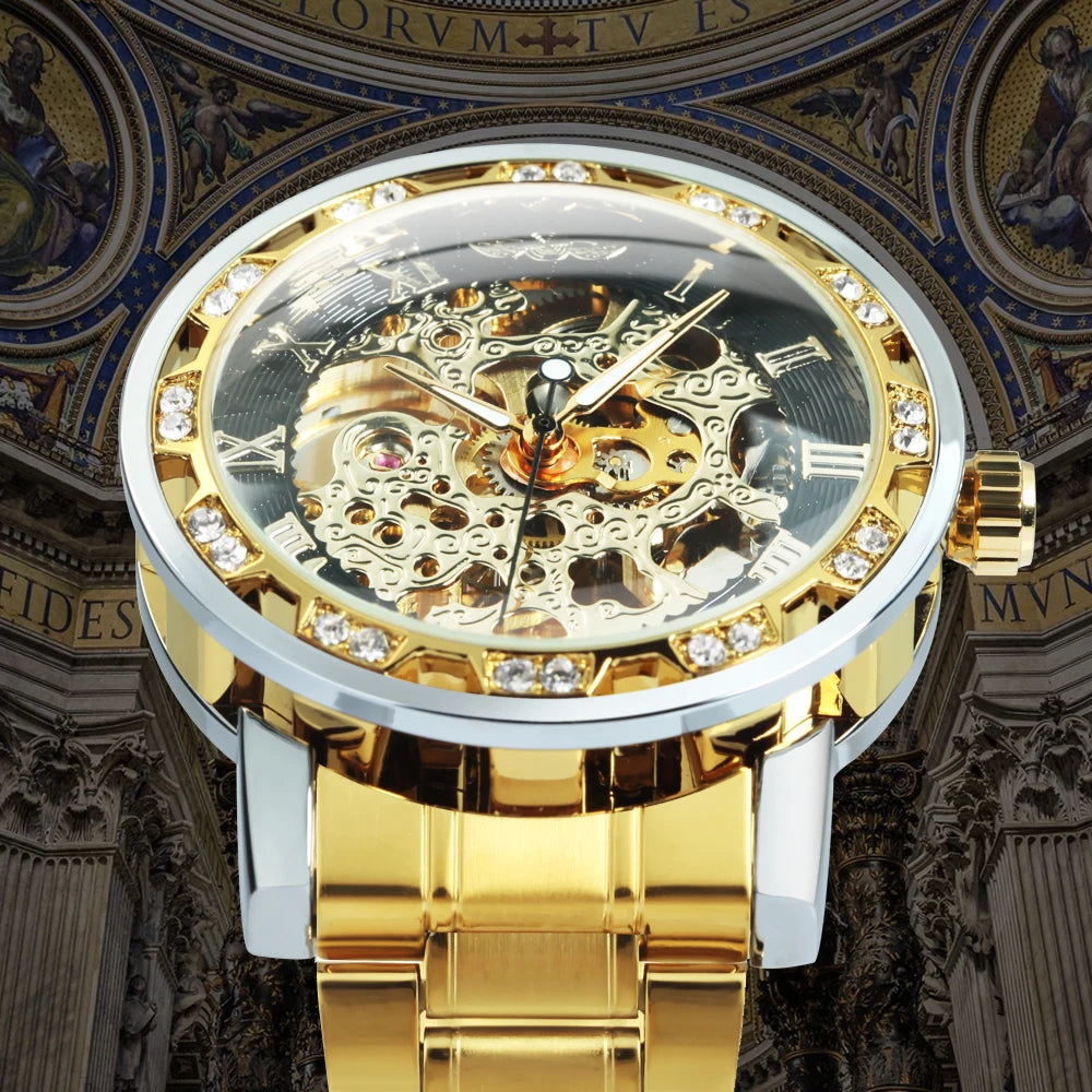 WINNER Transparent Skeleton Watch for Men Fashion Diamond Top Brand Luxury
