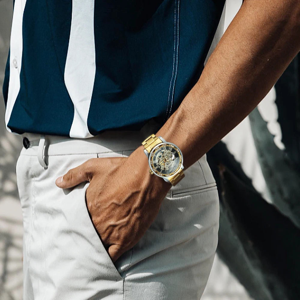 WINNER Transparent Skeleton Watch for Men Fashion Diamond Top Brand Luxury