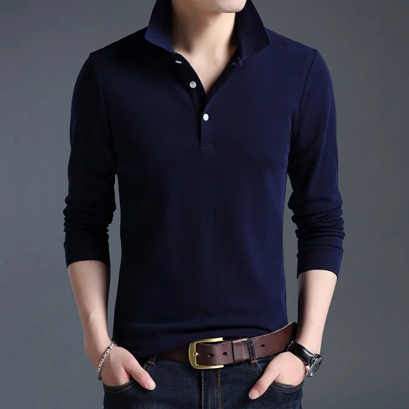 Top Grade New Fashion Men Polo Shirt Solid Color Slim Sleeve Mercerized Cotton