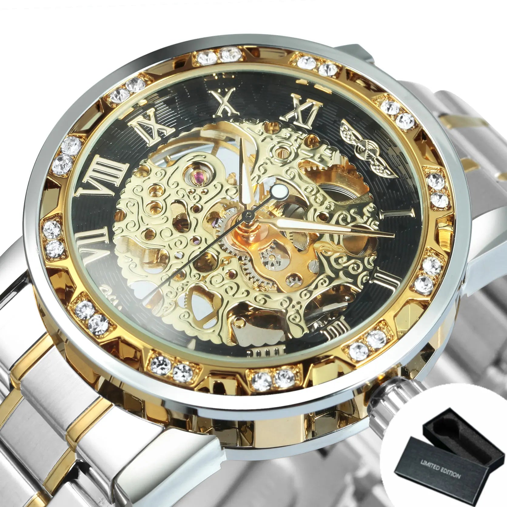 WINNER Transparent Skeleton Watch for Men Fashion Diamond Top Brand Luxury